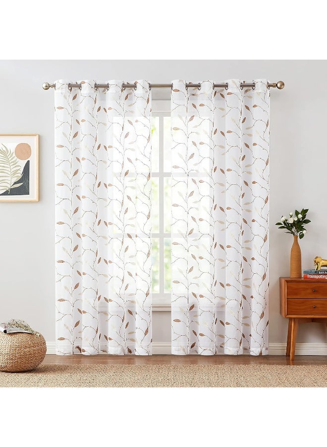 Lazzzy Embroidered Sheer Curtains Floral Leaf Voile Curtain for Living Room Bedroom Farmhouse White Sheer Drapes 84 Inches Length Light Diffusing Window Treatment Set of 2 Panels Gold on White - Image 2