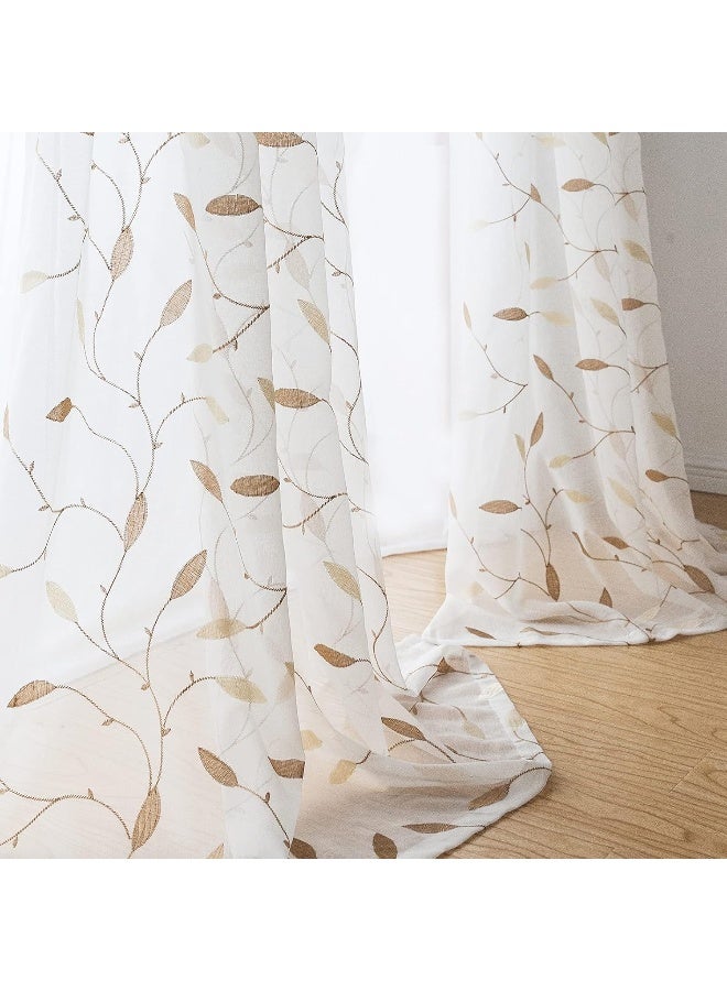 Lazzzy Embroidered Sheer Curtains Floral Leaf Voile Curtain for Living Room Bedroom Farmhouse White Sheer Drapes 84 Inches Length Light Diffusing Window Treatment Set of 2 Panels Gold on White - Image 3