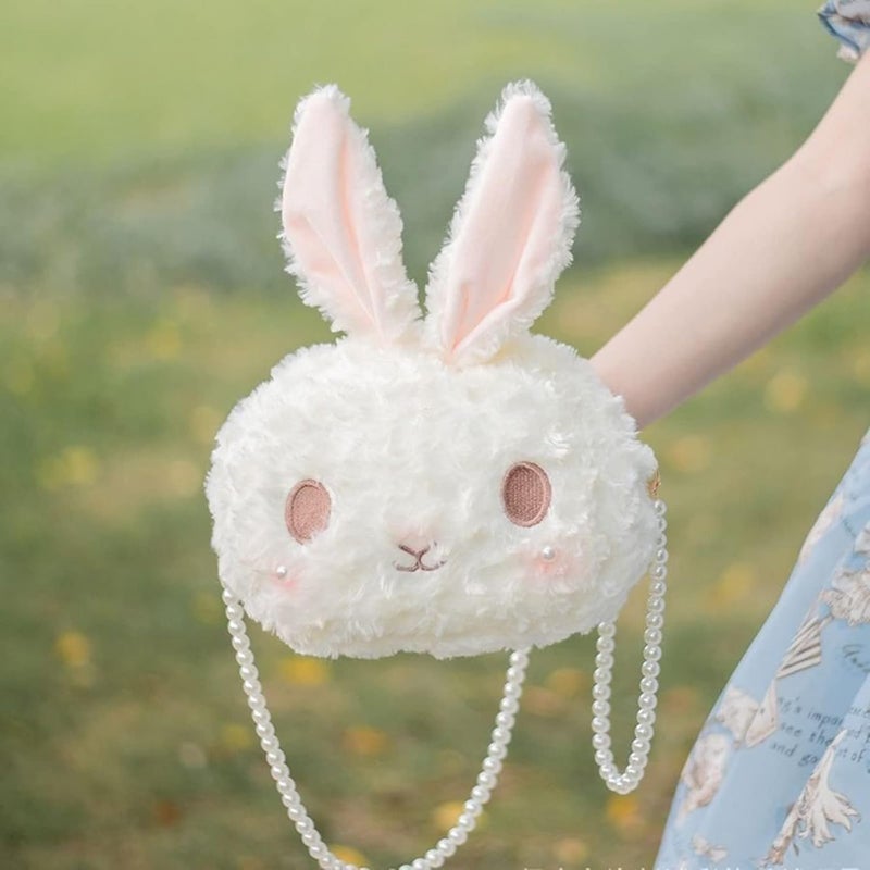 cheekyglo Girl's Lolita Rabbit Plush Crossbody Bag Animal Stuffed Shoulder Bag Pearl Chainbunny purse - Image 2