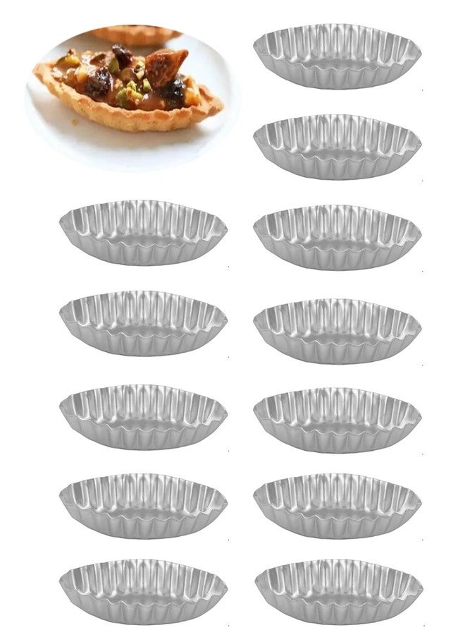 MGGi 12Pcs 3.74 Inch Aluminum Fluted Boat Tart Pan, Mini Oval Tartlet Mold for Egg Tarts, Quiches, Cheesecakes, Wavy Tartlet, Fruit Tats - Silver - Image 1