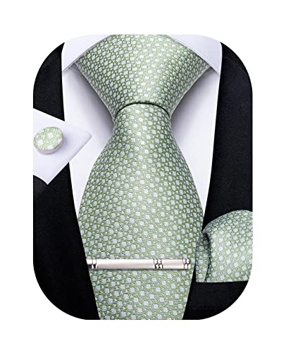 DiBanGu Plaid Ties for Men Silk Checkered Necktie and Pocket Square Cufflinks Tie Clip Set with Gift Box for Wedding Business, Sage Green - Image 1