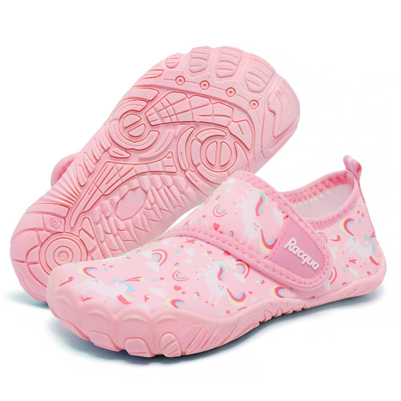 Racqua Kids Water Shoes Girls Boys Swim Beach Quick Dry Outdoor Sport Shoes Barefoot Pool Lightweight Walking Surfing Boating Non-Slip Aqua Shoes Pink Unicorn Big Kid 4 - Image 1