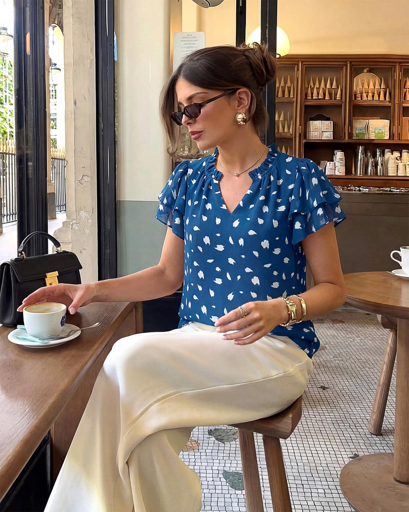 Timeson Business Casual Tops for Women: Dressy Professional Chiffon No Iron Short Sleeve Womens Summer Tops Office Attire â€” Womens Blouses for Work Professional V Neck Dress Shirts Spring Outfits L - Image 5