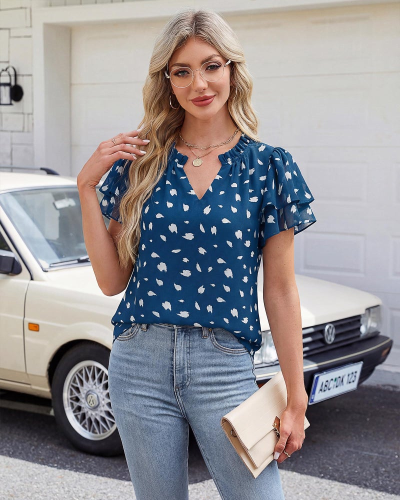 Timeson Business Casual Tops for Women: Dressy Professional Chiffon No Iron Short Sleeve Womens Summer Tops Office Attire â€” Womens Blouses for Work Professional V Neck Dress Shirts Spring Outfits L - Image 3