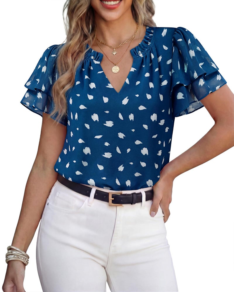 Timeson Business Casual Tops for Women: Dressy Professional Chiffon No Iron Short Sleeve Womens Summer Tops Office Attire â€” Womens Blouses for Work Professional V Neck Dress Shirts Spring Outfits L - Image 2