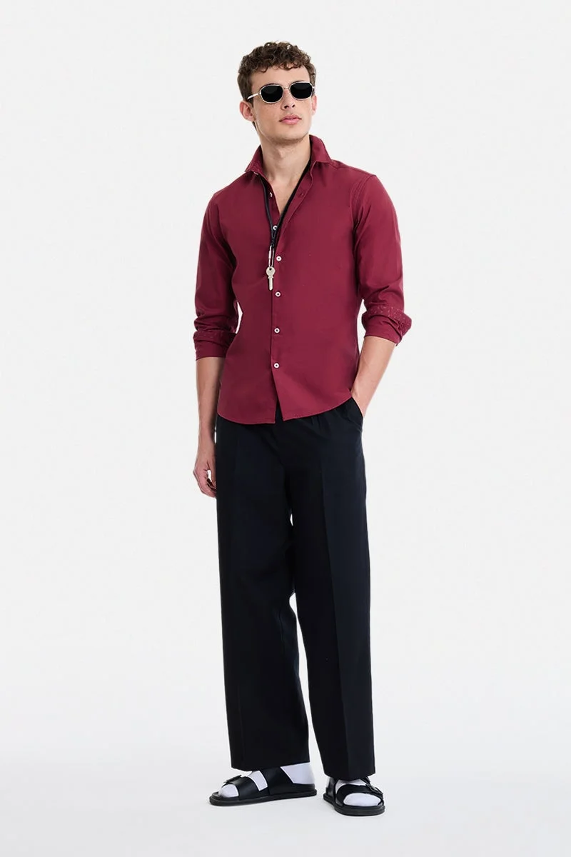 سنيتش Maroon Solid Long Sleeve Slim Fit Party Shirt