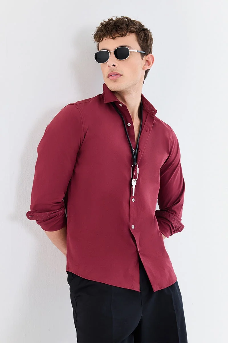 سنيتش Maroon Solid Long Sleeve Slim Fit Party Shirt