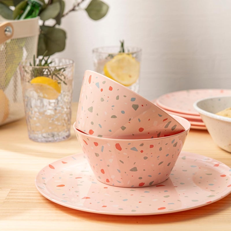 bzyoo 12-Piece Melamine Dinnerware Set - Confetti Pink Plates and Bowl Lightweight BPA-Free Dishwasher Safe Dish Set for Indoor & Outdoor Use - Perfect for Camping, BBQs, Kids Parties - Image 2