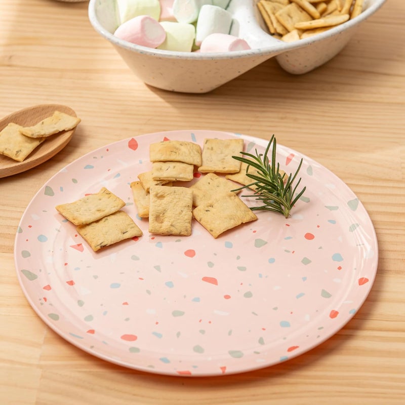 bzyoo 12-Piece Melamine Dinnerware Set - Confetti Pink Plates and Bowl Lightweight BPA-Free Dishwasher Safe Dish Set for Indoor & Outdoor Use - Perfect for Camping, BBQs, Kids Parties - Image 3