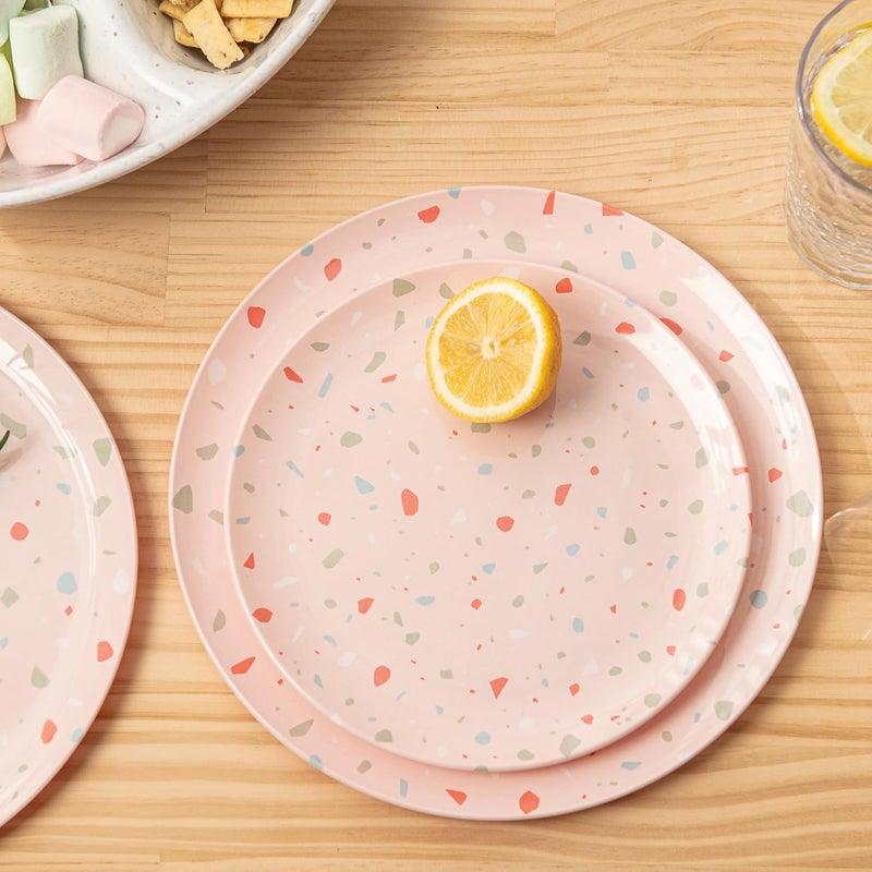 bzyoo 12-Piece Melamine Dinnerware Set - Confetti Pink Plates and Bowl Lightweight BPA-Free Dishwasher Safe Dish Set for Indoor & Outdoor Use - Perfect for Camping, BBQs, Kids Parties - Image 4