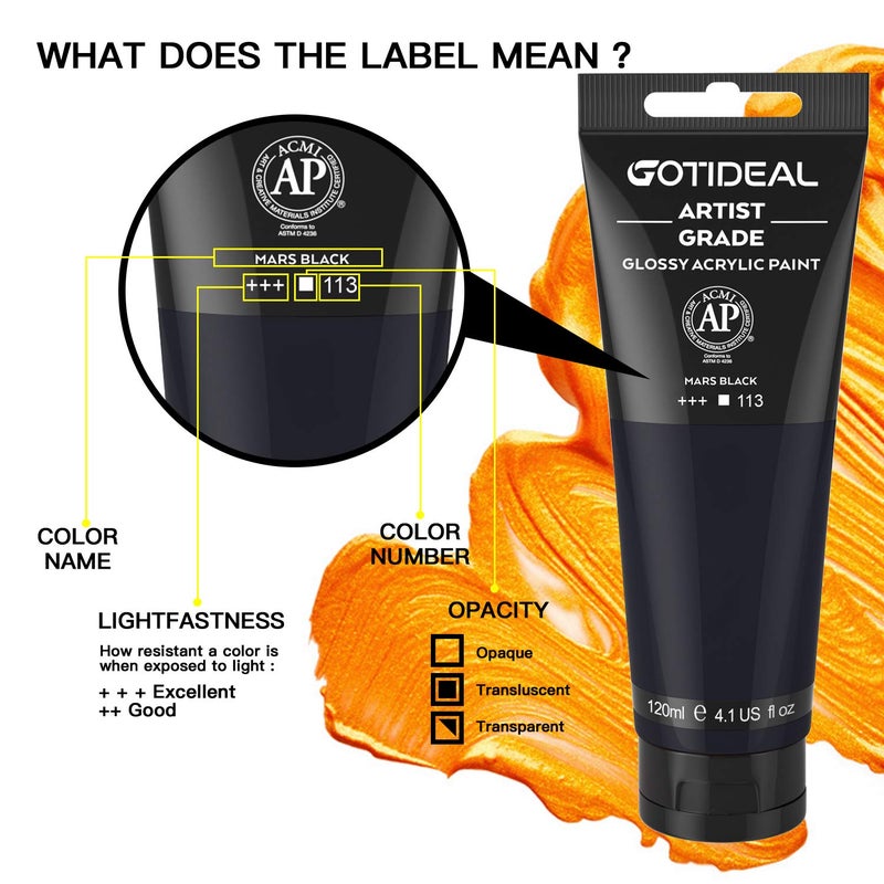 GOTIDEAL Acrylic Paint Mars Black Tubes(120ml, 4.1 oz) Non Toxic Non Fading,Rich Pigments for Painters, Adults & Kids, Ideal for Canvas Wood Clay Fabric Ceramic Craft Supplies (Mars Black)-Glossy - Image 2