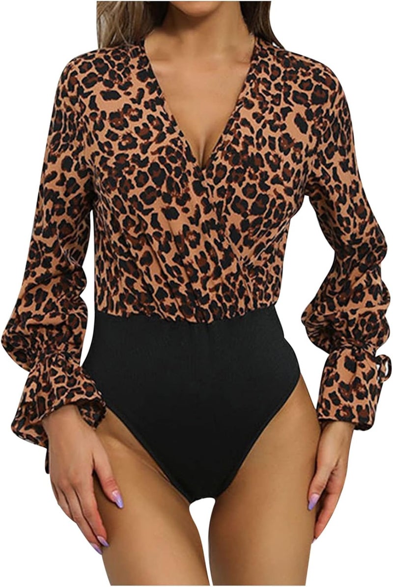 woobles Women's Floral/Leopard Print Bodysuit Shirt Top Deep V Neck Split Bishop Long Sleeve Wrap Body Suits Leotard Tops Small 015-khaki - Image 1