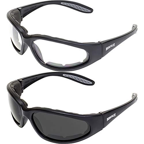 Global Vision Hercules Plus Motorcycle Sunglasses Protective Riding Glasses Black Frame Clear and Smoke Lenses Foam Padded Eyewear - Image 1