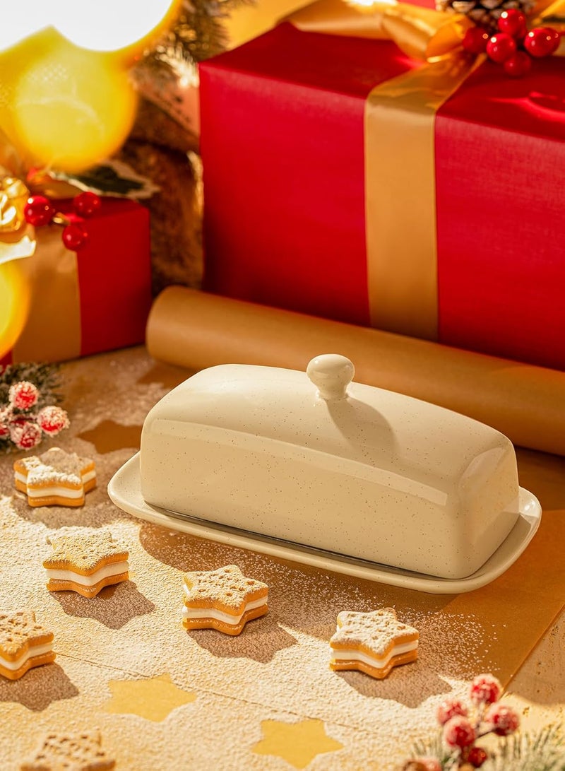 Sweese Butter Dish with Lid, Porcelain Butter Keeper, 7.8 Inch Butter Holder with Handle Cover, Butter Container Perfect for East West Coast Butter, Beige - Image 3