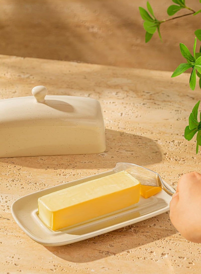 Sweese Butter Dish with Lid, Porcelain Butter Keeper, 7.8 Inch Butter Holder with Handle Cover, Butter Container Perfect for East West Coast Butter, Beige - Image 5