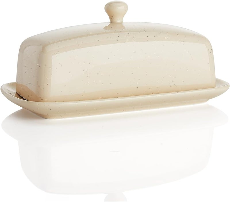 Sweese Butter Dish with Lid, Porcelain Butter Keeper, 7.8 Inch Butter Holder with Handle Cover, Butter Container Perfect for East West Coast Butter, Beige - Image 1