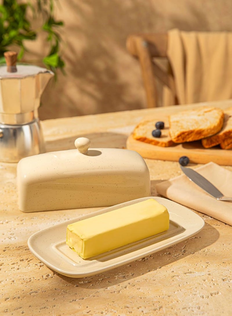 Sweese Butter Dish with Lid, Porcelain Butter Keeper, 7.8 Inch Butter Holder with Handle Cover, Butter Container Perfect for East West Coast Butter, Beige - Image 4
