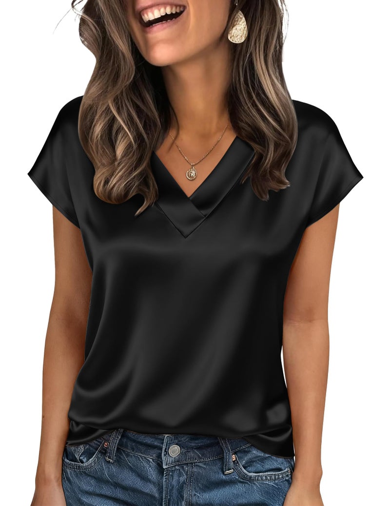 Zeagoo Dressy Tops for Women Short Sleeve Loose Fit V Neck Shirts Satin Silk Blouses Spring Summer Outfits Black - Image 1