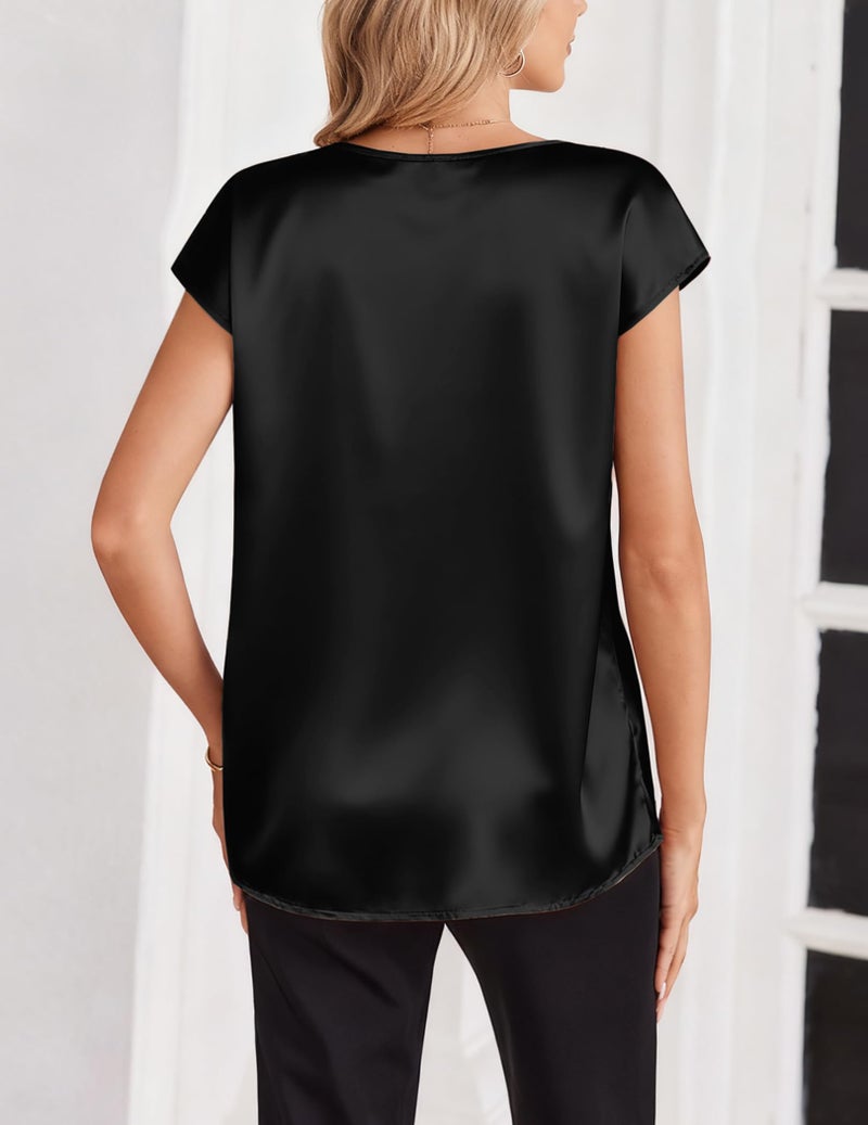 Zeagoo Dressy Tops for Women Short Sleeve Loose Fit V Neck Shirts Satin Silk Blouses Spring Summer Outfits Black - Image 4