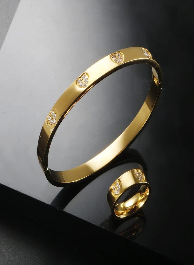 JINHUI Personalized Heart Bangle Bracelet, 18K gold Plated Stainless Steel CZ Heart Charm Bangle, Dainty Cute Bracelet for Women - Image 2