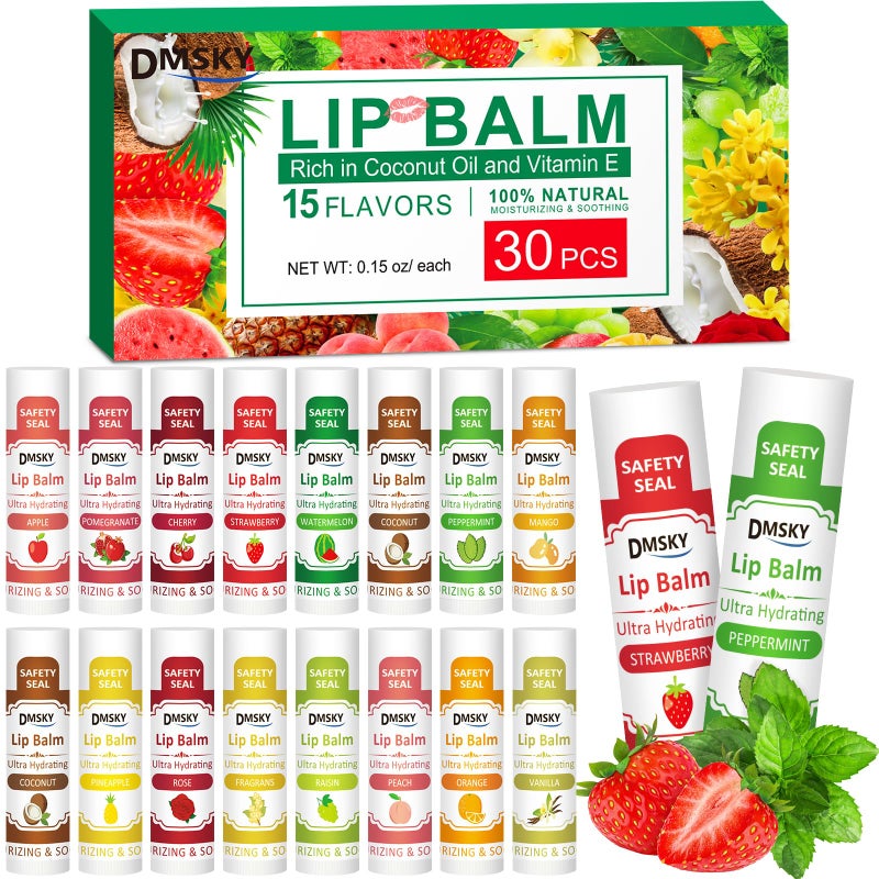 DMSKY 30 Pack Lip Balm Natural Lip Balm Bulk with Vitamin E and Coconut Oil Moisturizing Soothing Chapped Lips15 Flavors