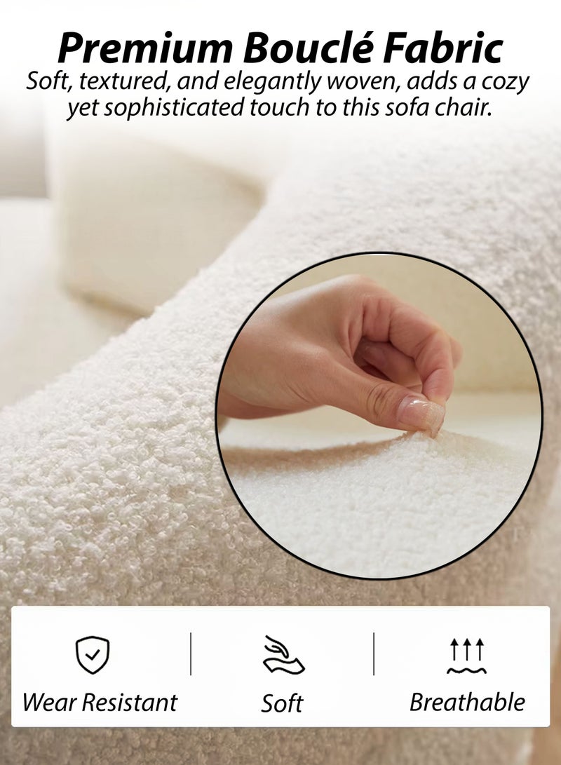 دي بلو كرسي مريح للأريكة الفردية مع حشوة إسفنجية ناعمة، مسند ظهر منحني ومسند للذراعين، تنجيد من نسيج بوكل الأبيض وأرجل من الفولاذ الكربوني الأسود، زينة مريحة، تزيين المكياج، غرفة المعيشة، غرفة النوم، أثاث الصالون، المكتب المنزلي، المطعم، ردهة الفندق، ديكور استقبال المقهى، كرسي مريح بزاوية جانبية منفوشة بسعة 150 كجم - Image 4