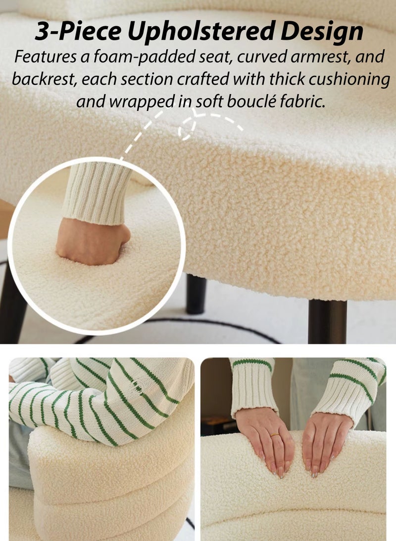 دي بلو كرسي مريح للأريكة الفردية مع حشوة إسفنجية ناعمة، مسند ظهر منحني ومسند للذراعين، تنجيد من نسيج بوكل الأبيض وأرجل من الفولاذ الكربوني الأسود، زينة مريحة، تزيين المكياج، غرفة المعيشة، غرفة النوم، أثاث الصالون، المكتب المنزلي، المطعم، ردهة الفندق، ديكور استقبال المقهى، كرسي مريح بزاوية جانبية منفوشة بسعة 150 كجم - Image 3