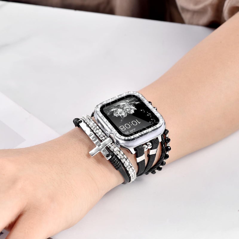 Fancywrist Boho Bracelet & Case Compatible with Apple Watch Band 40mm 44mm 45mm 46mm 41mm 38mm 42mm(S11 S10) Women, Dressy beaded Handmade Leather Strap for iWatch Series11 10 9 8 7 6 5 4 3 2 1 SE - Image 2