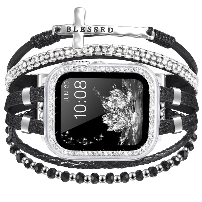 Fancywrist Boho Bracelet & Case Compatible with Apple Watch Band 40mm 44mm 45mm 46mm 41mm 38mm 42mm(S11 S10) Women, Dressy beaded Handmade Leather Strap for iWatch Series11 10 9 8 7 6 5 4 3 2 1 SE - Image 1