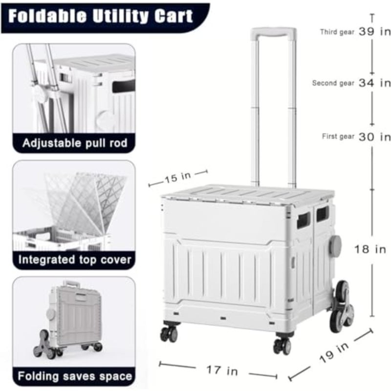 Foldable Utility Cart with Stair Climbing Wheels, Folding Portable Rolling Crate Handcart with Aluminium Alloy Telescoping Handles, Handcart for Grocery Book File Tool Art Supplies - Image 2