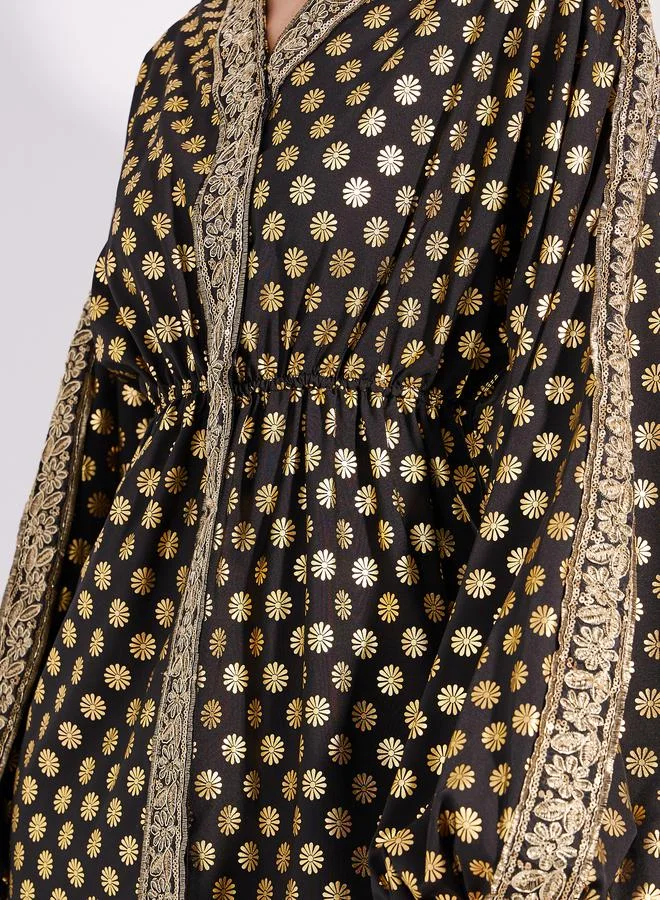 Styli Foil Print Lace Detail Maxi Dress with Volume Sleeves