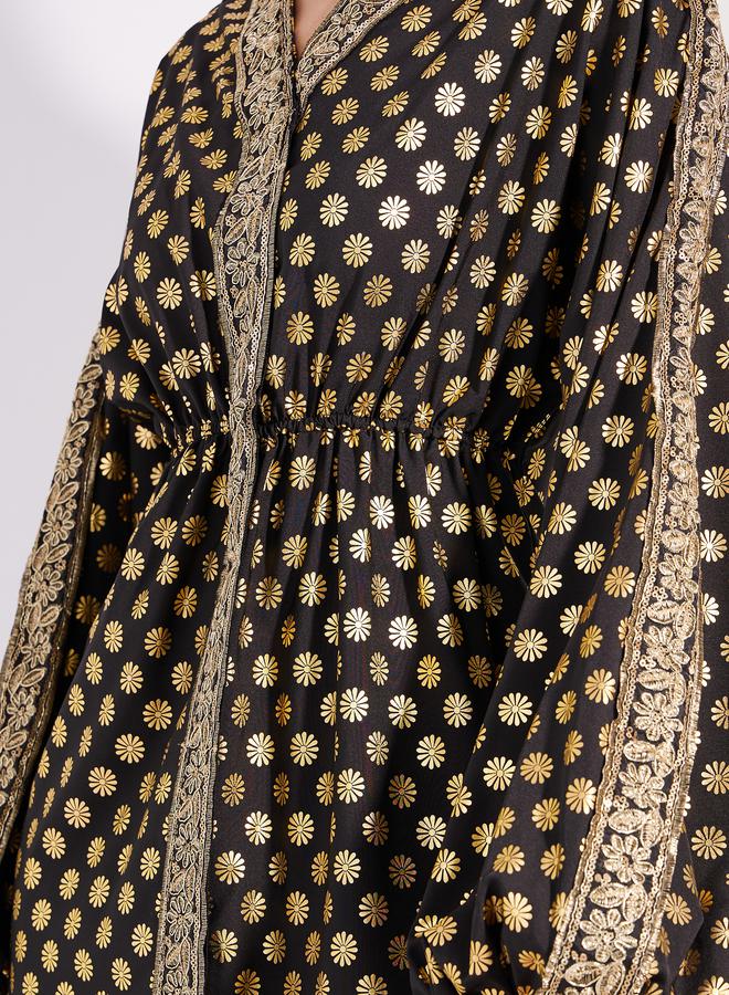 Styli Foil Print Lace Detail Maxi Dress with Volume Sleeves  - Image 3