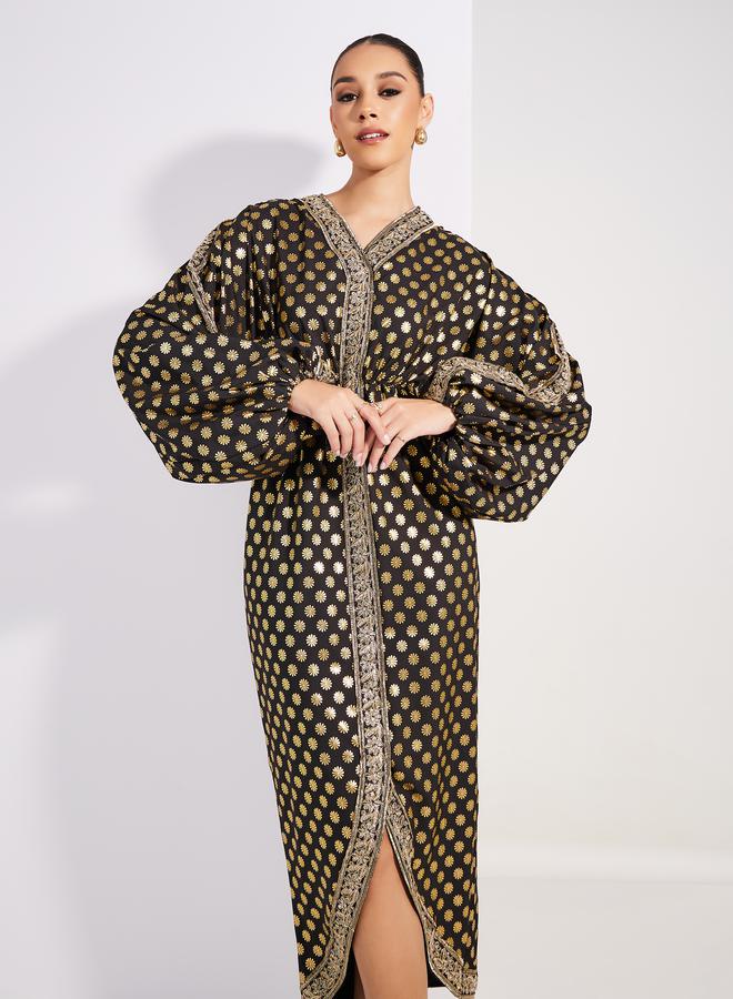 Styli Foil Print Lace Detail Maxi Dress with Volume Sleeves  - Image 2