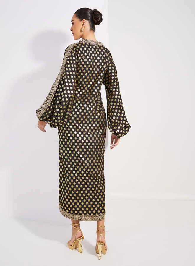 Styli Foil Print Lace Detail Maxi Dress with Volume Sleeves