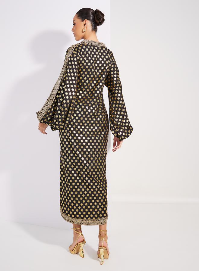 Styli Foil Print Lace Detail Maxi Dress with Volume Sleeves  - Image 4