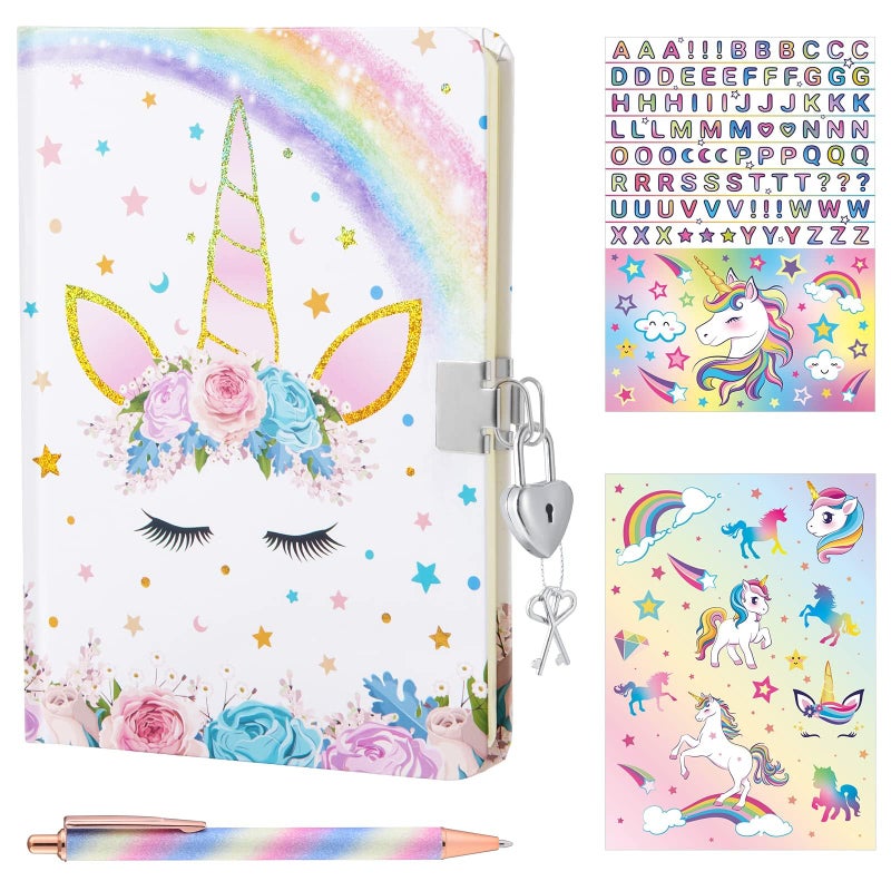 Wernnsai Kids Diary Set for Girls Unicorn Journal Kit - Kids Gold Foil Journal with Lock and Keys Girls Unicorn Diary Private Diary A5 Lined Writing Notebook Birthday Christmas Gift Set with Pen Stickers  - Image 1