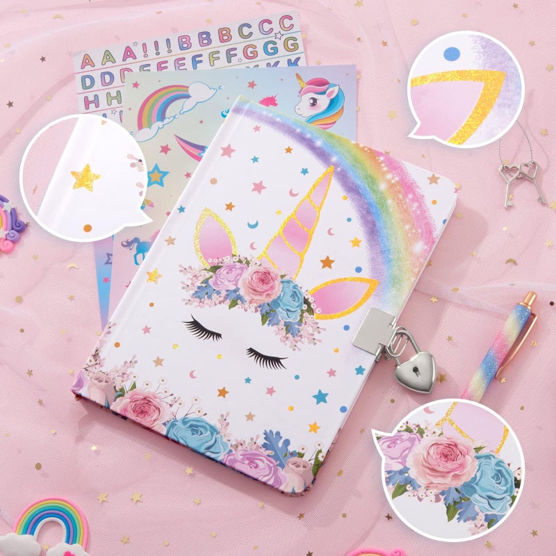 Wernnsai Kids Diary Set for Girls Unicorn Journal Kit - Kids Gold Foil Journal with Lock and Keys Girls Unicorn Diary Private Diary A5 Lined Writing Notebook Birthday Christmas Gift Set with Pen Stickers  - Image 3