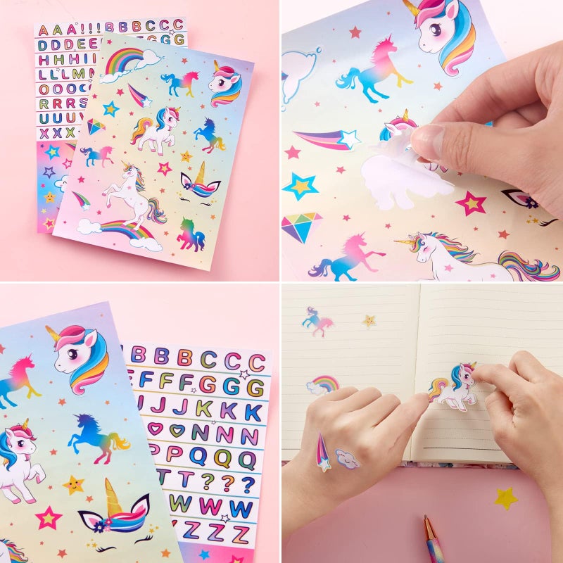 Wernnsai Kids Diary Set for Girls Unicorn Journal Kit - Kids Gold Foil Journal with Lock and Keys Girls Unicorn Diary Private Diary A5 Lined Writing Notebook Birthday Christmas Gift Set with Pen Stickers  - Image 4