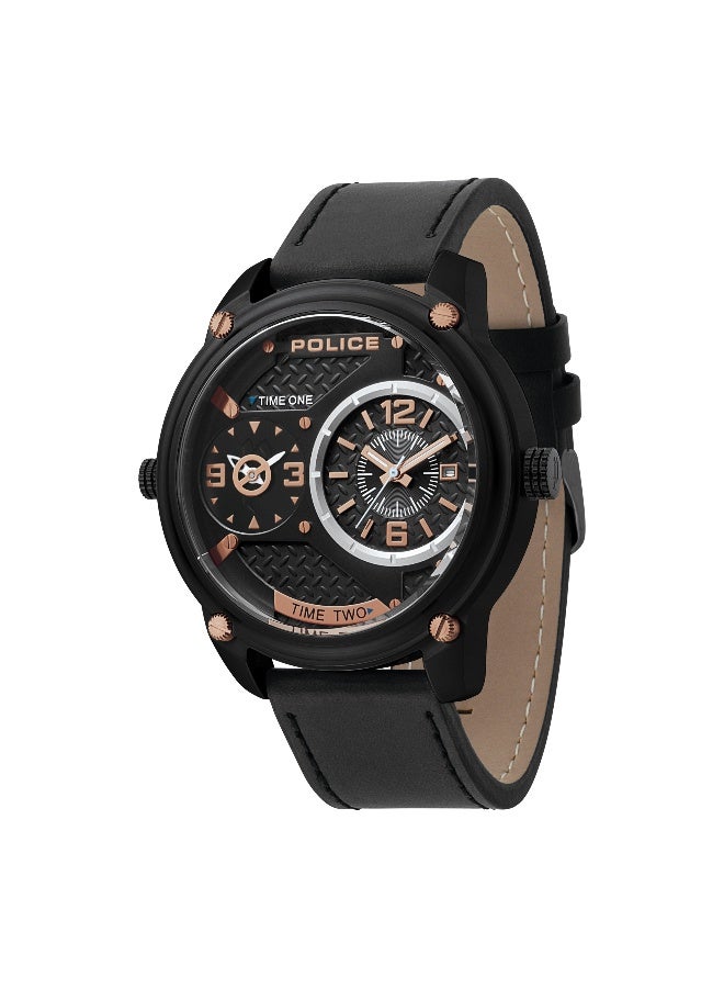 Men Blackout Black Leather Strap Dual Time Watch for Men, 50mm