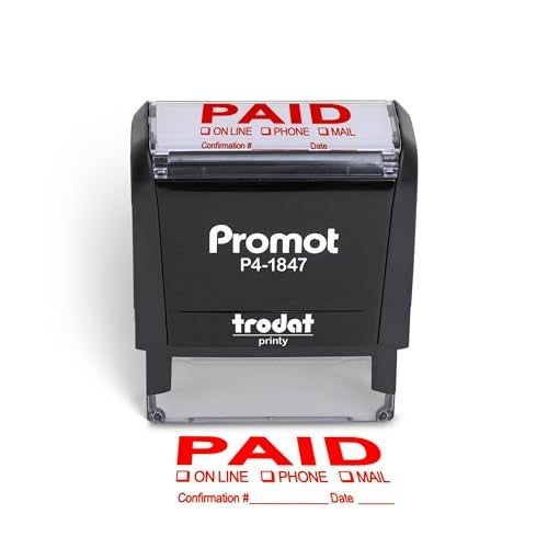 Promot Paid Stamp Self Inking - Paid for Office, Accounts Payable with Confirmation Number and Date - Rubber Red Ink, Self Inking Stamp for Business Supplies - Image 1
