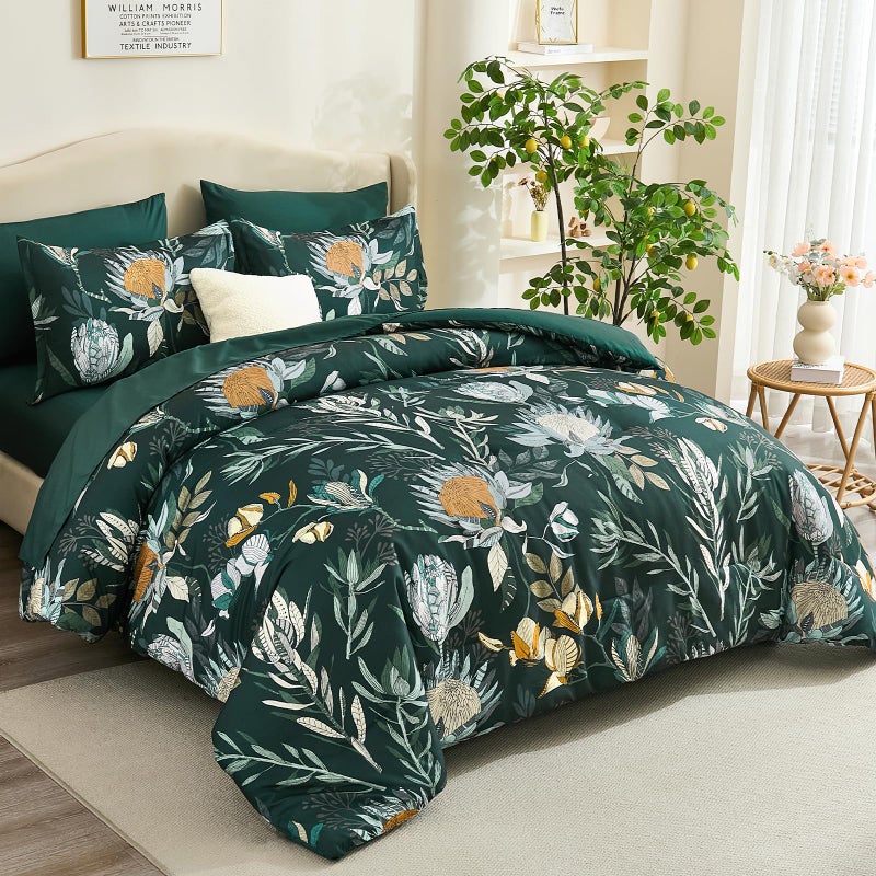 Luxudecor Queen Comforter Set 7 Pieces Bedding Sets, Dark Green Floral Comforter and Sheet Set, Soft Microfiber Bed in a Bag for All Seasons (Dark Green,90"x90") - Image 2
