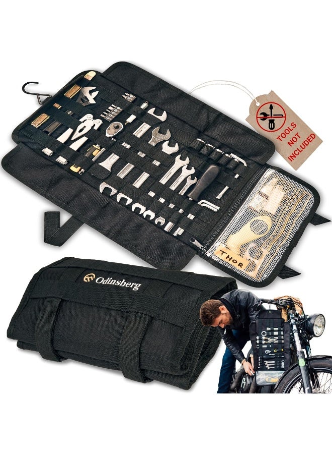 Heavy duty motorcycle tool roll bag - Tools NOT included - Empty small tool bag and roll up wrench organizer tool pouch with elastic loops, pocket MOLLE webbing to wrap tool kit for MC bike ATV UTV  - Image 1