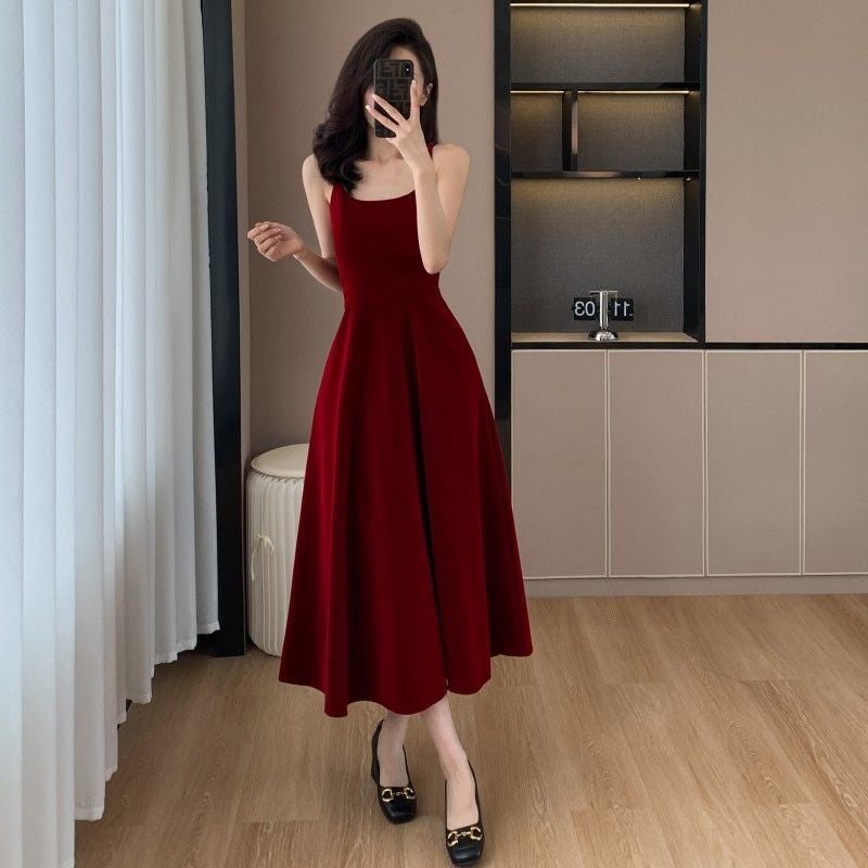 Autumn Velvet Dress  Coat Two-Piece Set Red Slip Skirt