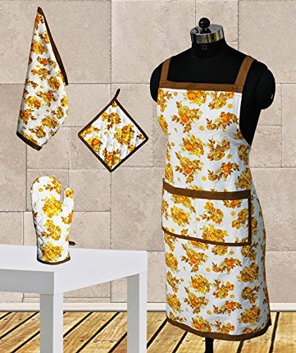 Dekor World Cotton Printed Yellow Floral Kitchen Apron Set (Pack of 4 Pcs) Apron, Gloves, Pot Holder, Kitchen Towel for Unisex - Image 2