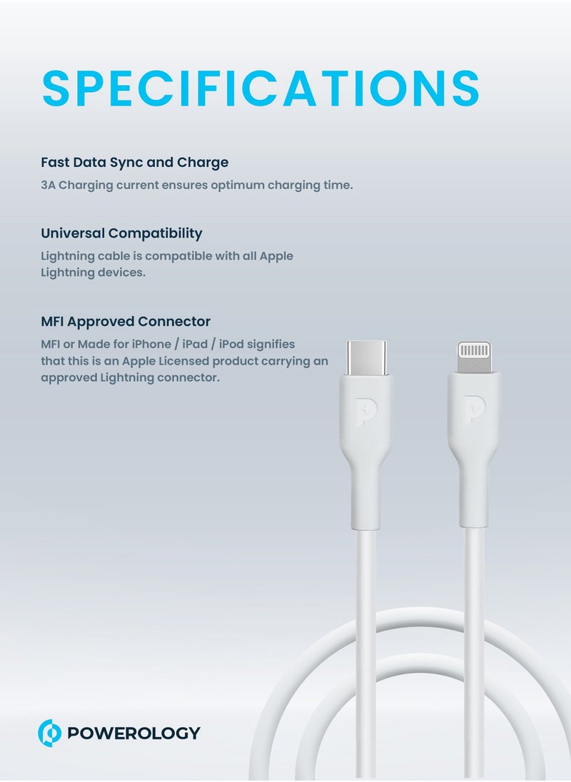 Powerology - iPhone Charger Type C To Lightning Cable 1.2M PD 20W Fast Data Sync And Charge Compatible with iPhone 14/14 Plus/ 14 Pro/14 Pro Max/13/12/11/XS/Pro Max /Pro/Mini/SE/ ipad 9 - White - Image 1