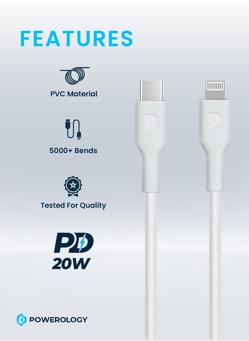 Powerology - iPhone Charger Type C To Lightning Cable 1.2M PD 20W Fast Data Sync And Charge Compatible with iPhone 14/14 Plus/ 14 Pro/14 Pro Max/13/12/11/XS/Pro Max /Pro/Mini/SE/ ipad 9 - White - Image 1