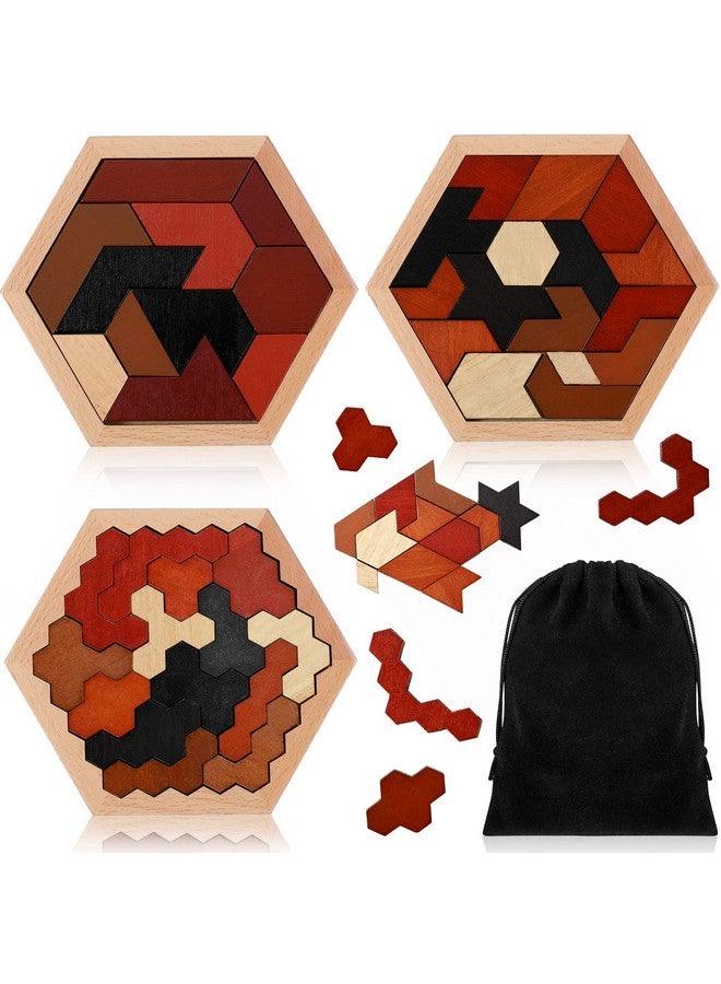 Yunsailing 3 Pack Hexagon Wooden Puzzle Wood Russian Blocks Tangram Puzzle Brain Teaser Puzzles Geometric Jigsaw Block Russian Blocks Logic Iq Stem Montessori Toy For All Ages Kid Adult Intelligence (Vintage) - Image 1