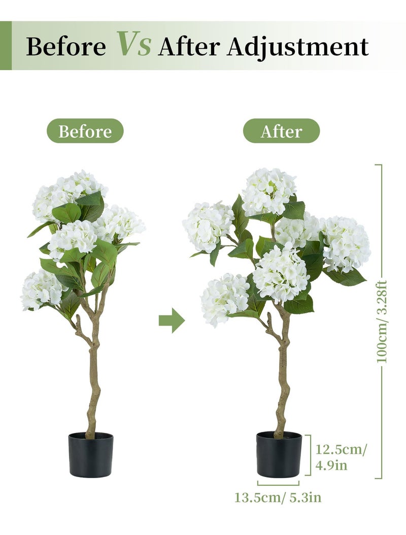 BLOSMON White Hydrangea Fake Tree: 2pc 39 Inch Artificial Silk Plants for Home Living Room Decor Indoor - Real Touch Faux Hydrangeas with Pot for Front Door Porch Patio Entrance Decoration - Image 4