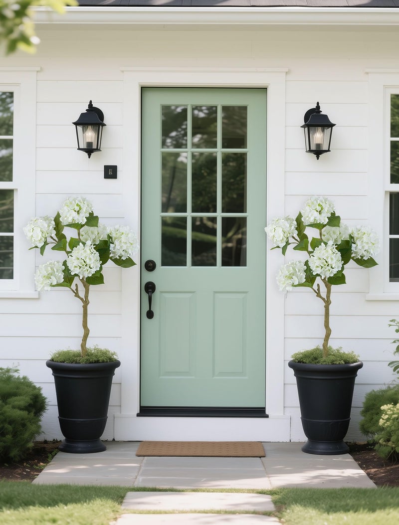 BLOSMON White Hydrangea Fake Tree: 2pc 39 Inch Artificial Silk Plants for Home Living Room Decor Indoor - Real Touch Faux Hydrangeas with Pot for Front Door Porch Patio Entrance Decoration - Image 2