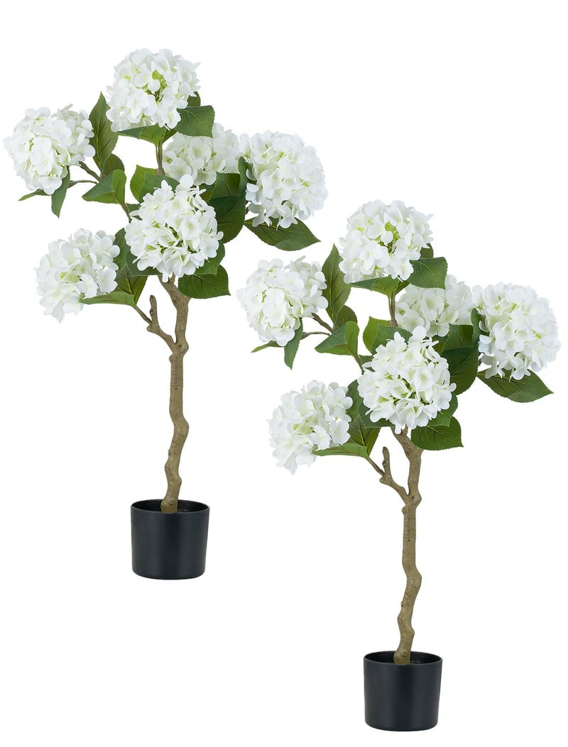 BLOSMON White Hydrangea Fake Tree: 2pc 39 Inch Artificial Silk Plants for Home Living Room Decor Indoor - Real Touch Faux Hydrangeas with Pot for Front Door Porch Patio Entrance Decoration - Image 1